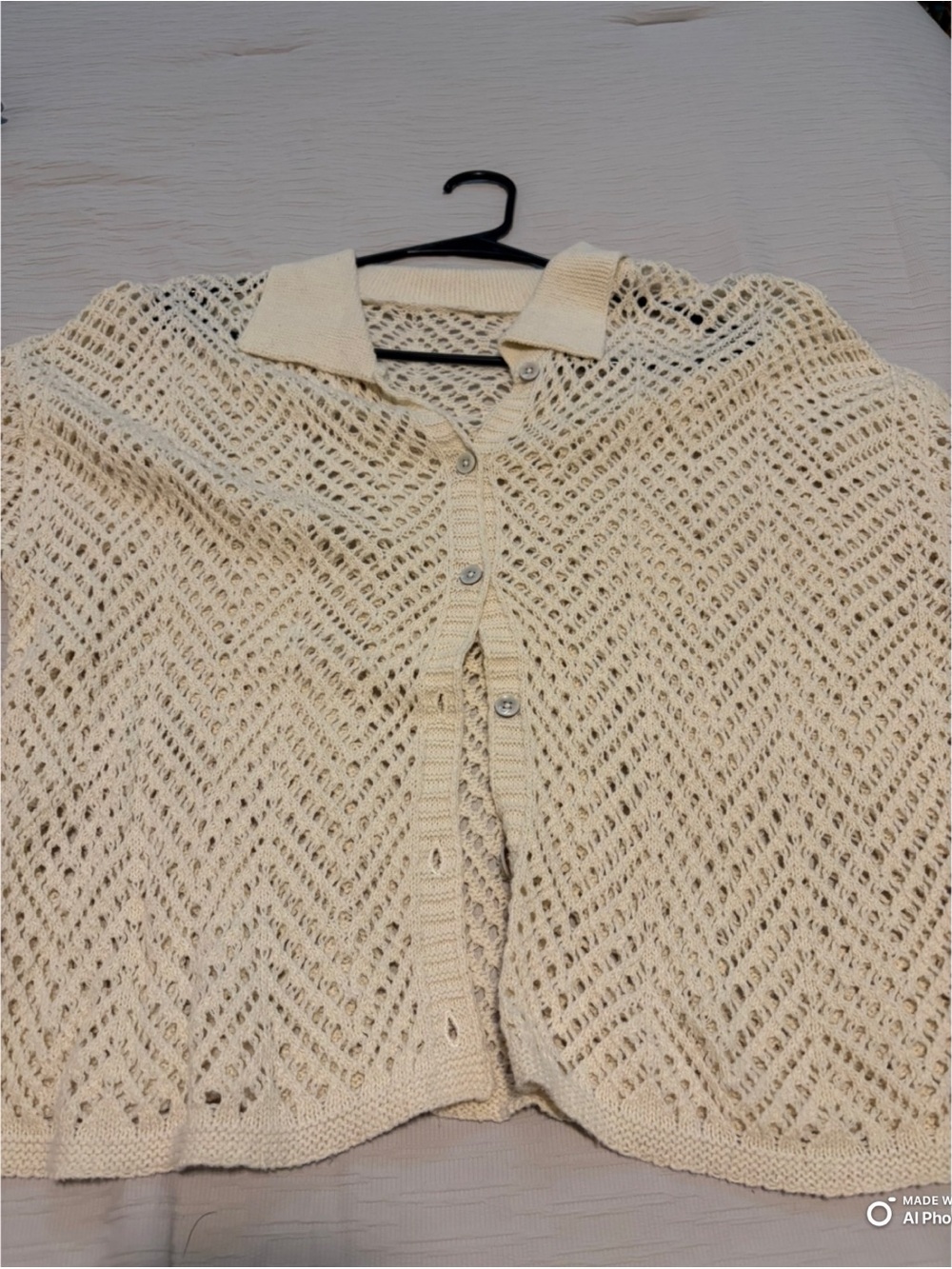 Cream Open-Knit Button-Up Sweater Cardigan with Short Sleeves